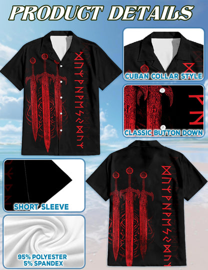 Netecom Viking Sword Hawaiian Shirt for Men, Button Down Summer Beach Short Sleeve, Vintage Style, Sizes S-5XL