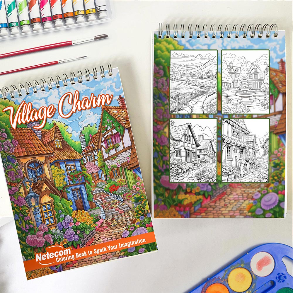 Netecom Village Charm Spiral Coloring Book for Adults