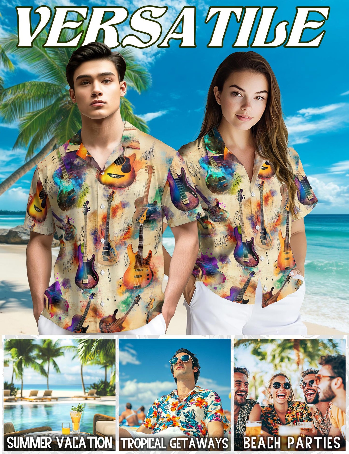 Netecom Vintage Bass Guitar Hawaiian Shirt for Men, Retro Style, Button Down Summer Beach Short Sleeve, S-5XL