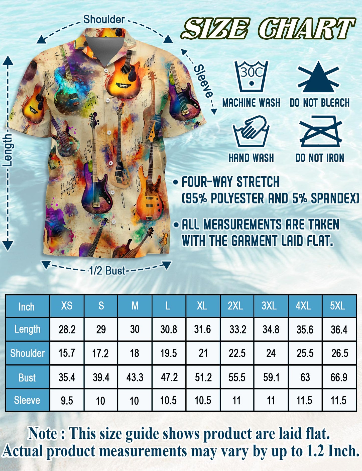 Netecom Vintage Bass Guitar Hawaiian Shirt for Men, Retro Style, Button Down Summer Beach Short Sleeve, S-5XL