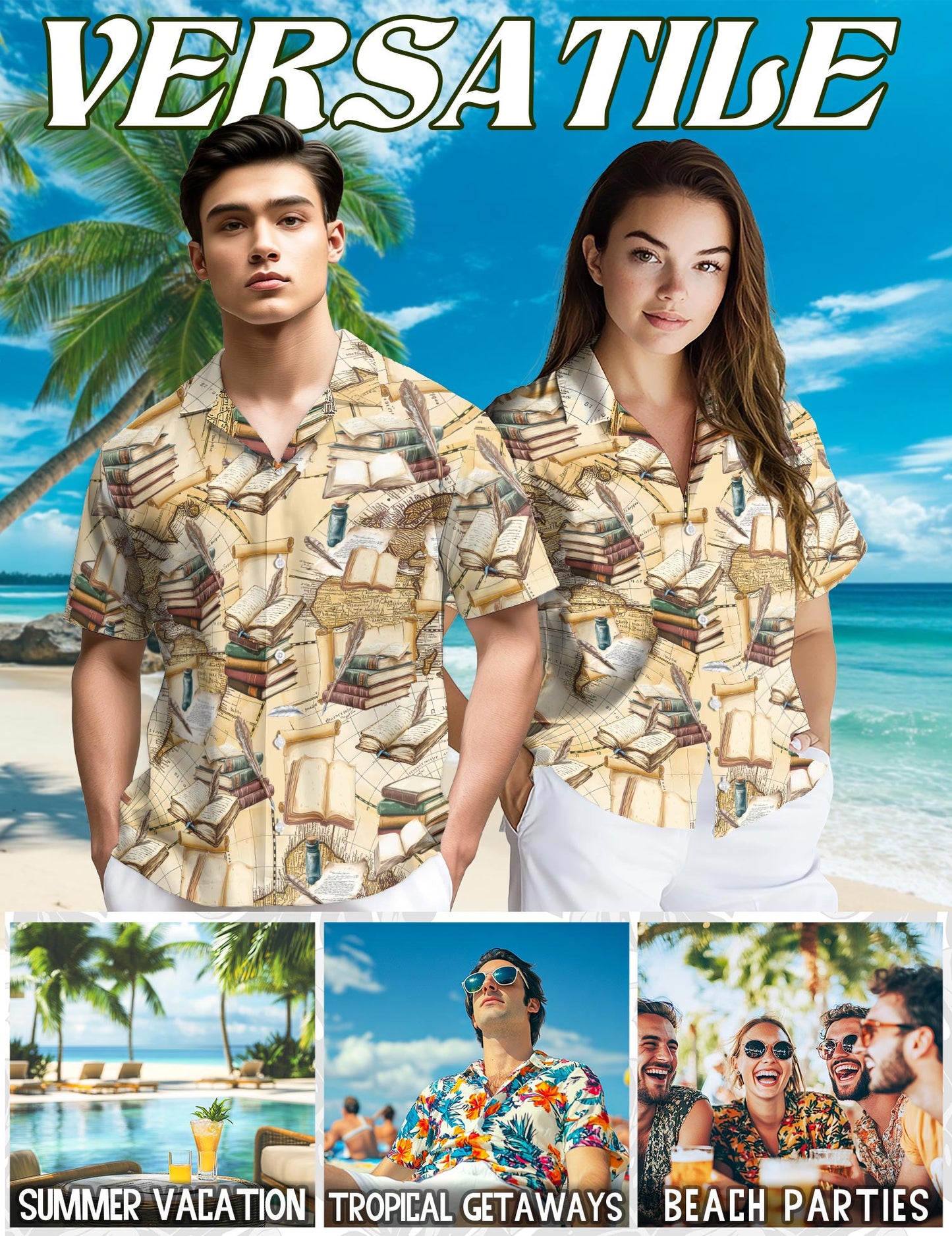 Netecom Vintage Book Hawaiian Shirt for Men, Retro Style, Button Down Summer Beach Short Sleeve, S-5XL
