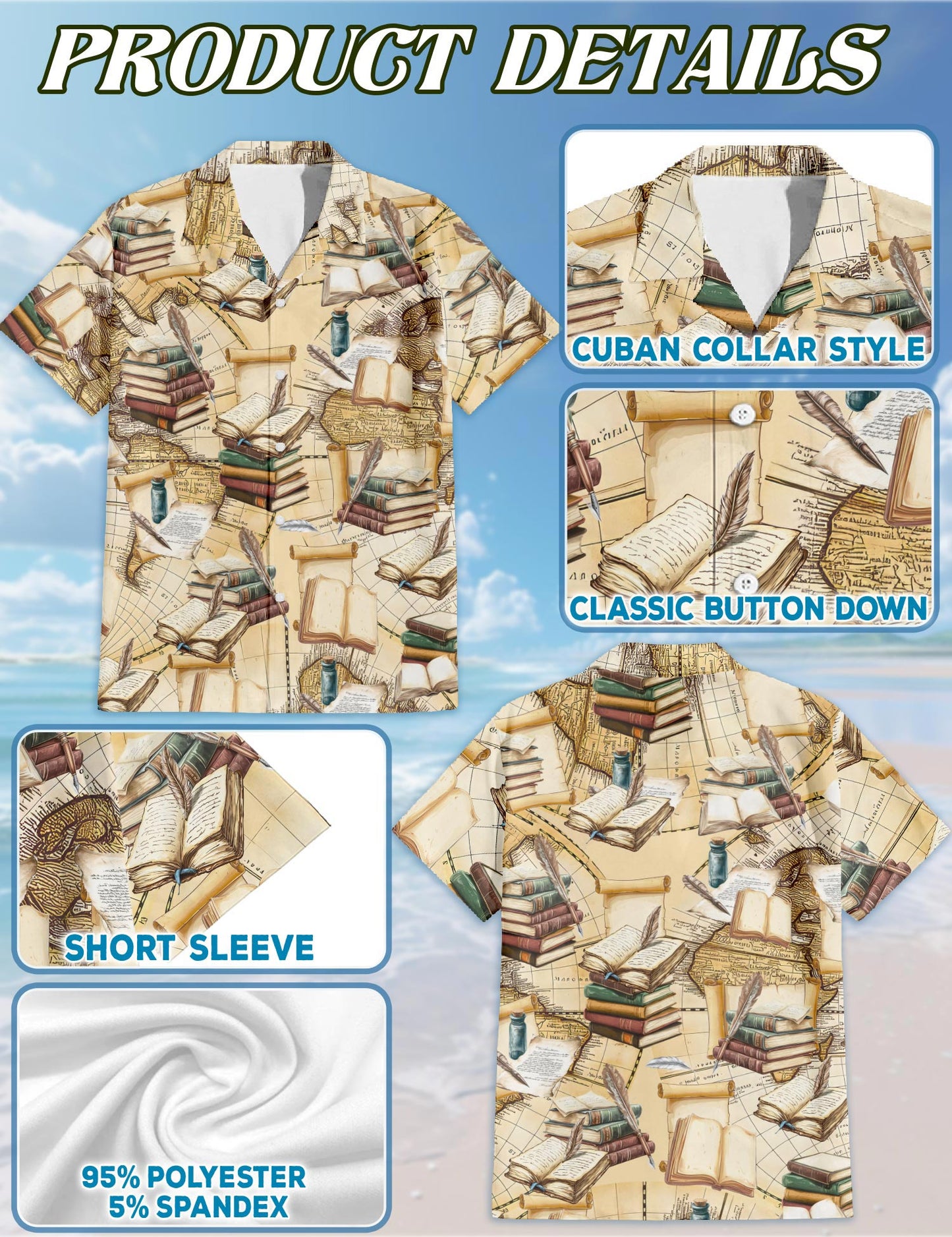 Netecom Vintage Book Hawaiian Shirt for Men, Retro Style, Button Down Summer Beach Short Sleeve, S-5XL