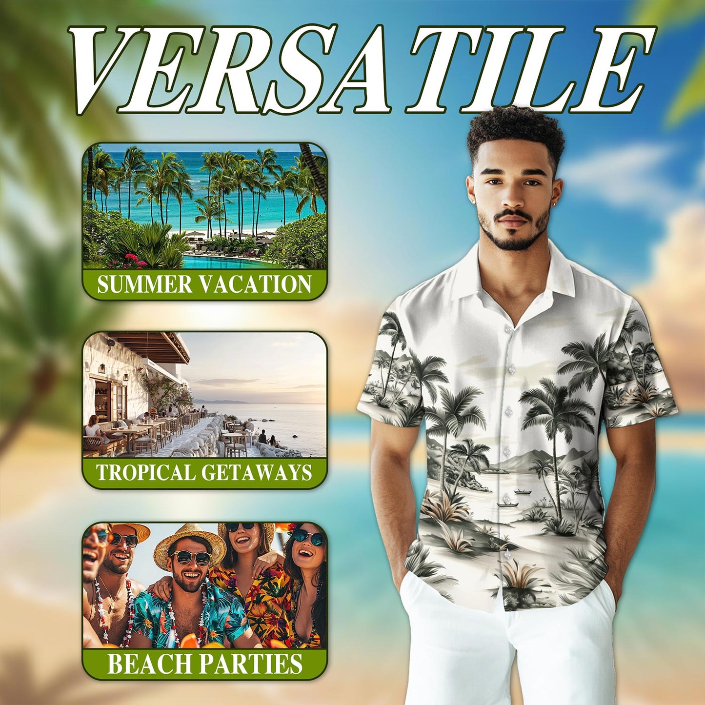 Netecom Vintage Coconut Tree Hawaiian Shirt for Men, Button Down Summer Beach Short Sleeve, Retro Style, Sizes S-5XL