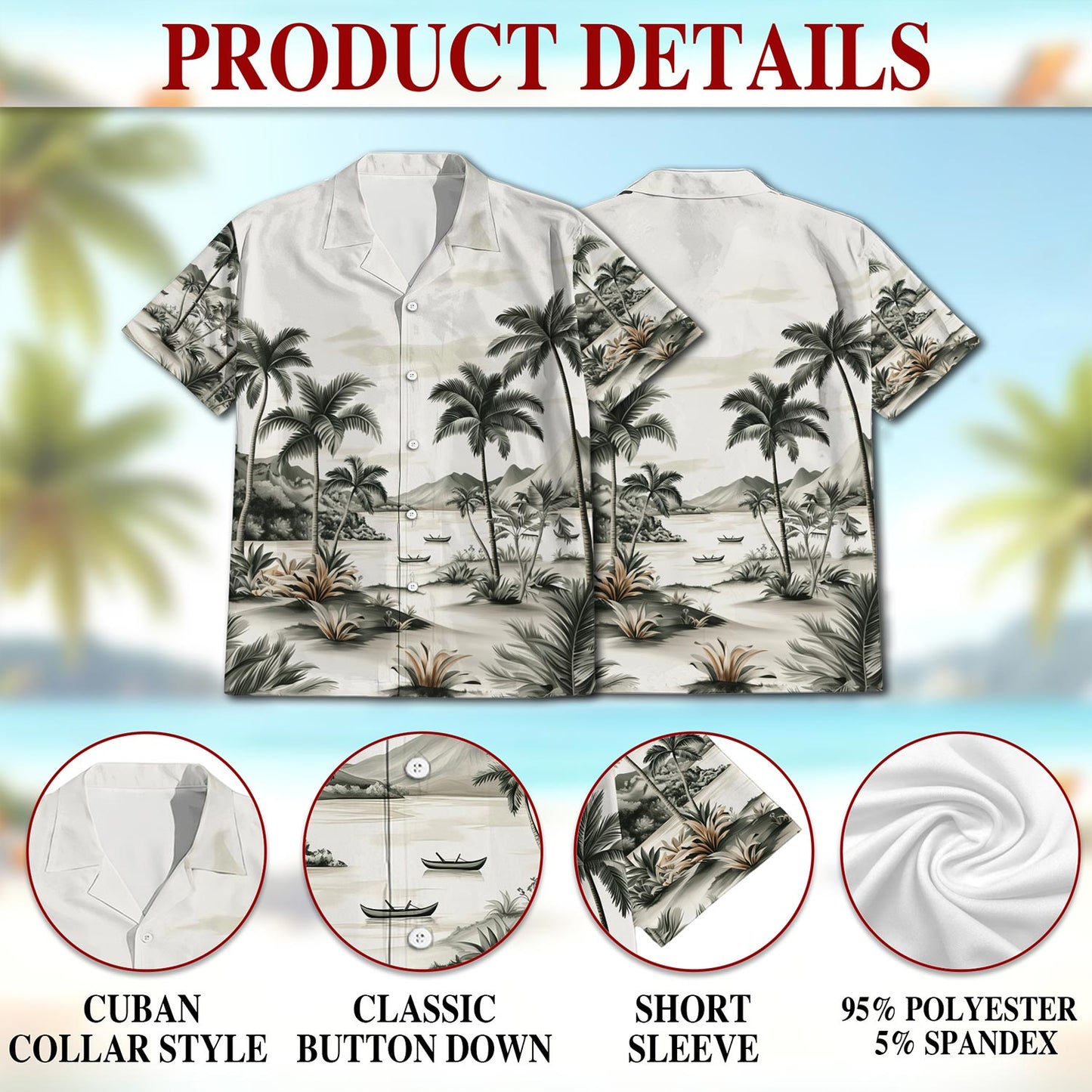 Netecom Vintage Coconut Tree Hawaiian Shirt for Men, Button Down Summer Beach Short Sleeve, Retro Style, Sizes S-5XL