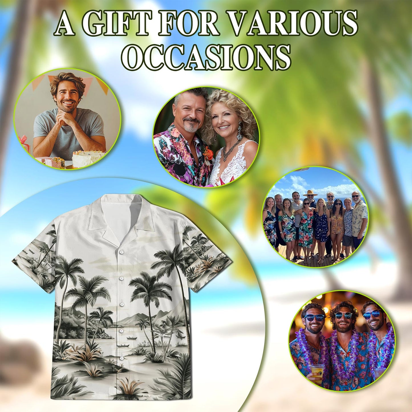Netecom Vintage Coconut Tree Hawaiian Shirt for Men, Button Down Summer Beach Short Sleeve, Retro Style, Sizes S-5XL