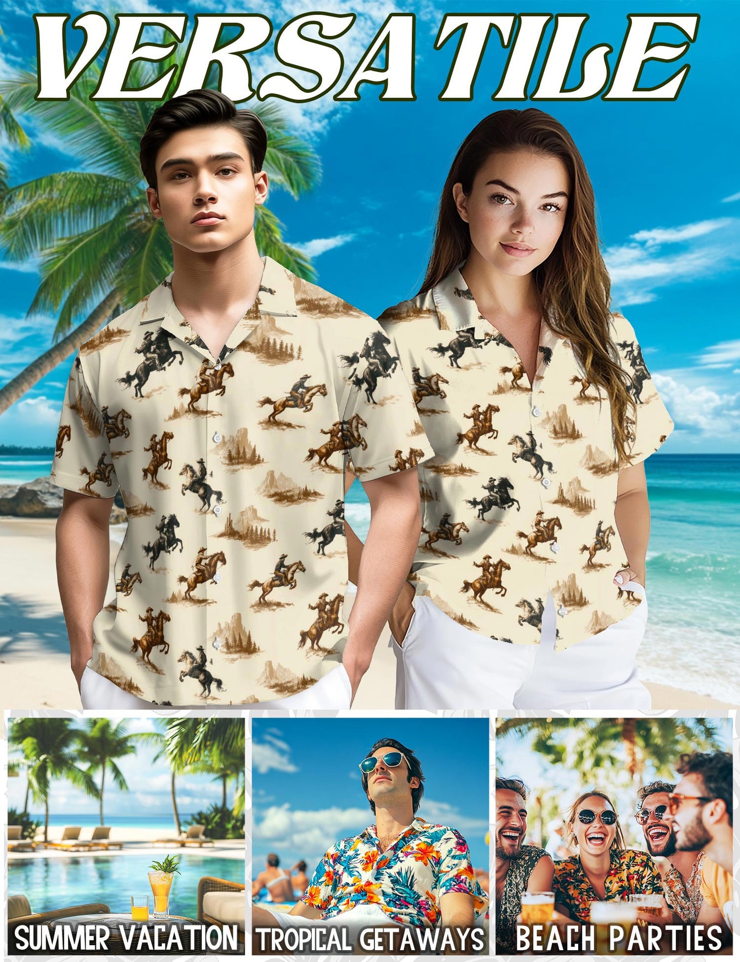 Netecom Vintage Cowboy Hawaiian Shirt for Men, Western Rodeo Style, Tropical Summer Beach Button Down Short Sleeve Shirts, S-5XL