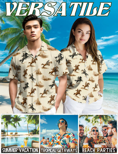 Netecom Vintage Cowboy Hawaiian Shirt for Men, Western Rodeo Style, Tropical Summer Beach Button Down Short Sleeve Shirts, S-5XL