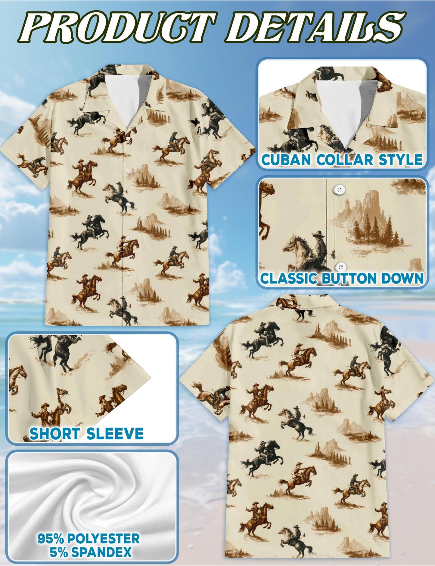 Netecom Vintage Cowboy Hawaiian Shirt for Men, Western Rodeo Style, Tropical Summer Beach Button Down Short Sleeve Shirts, S-5XL