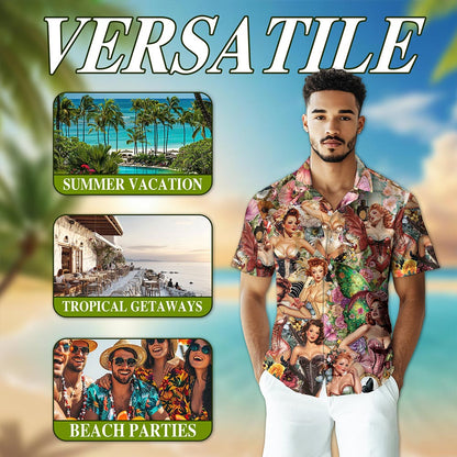 Netecom Vintage Dancer Pinup Carnival Hawaiian Shirt for Men Women, Floral Button Down Summer Beach Short Sleeve Shirts, S-5XL