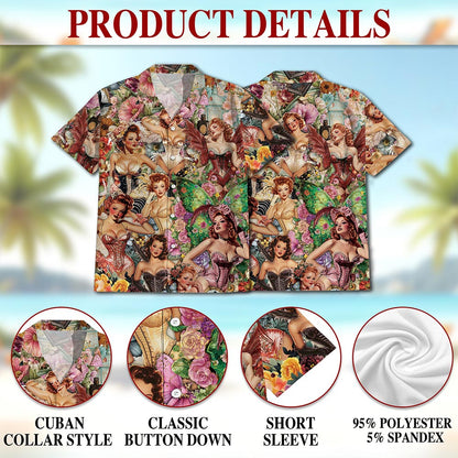Netecom Vintage Dancer Pinup Carnival Hawaiian Shirt for Men Women, Floral Button Down Summer Beach Short Sleeve Shirts, S-5XL