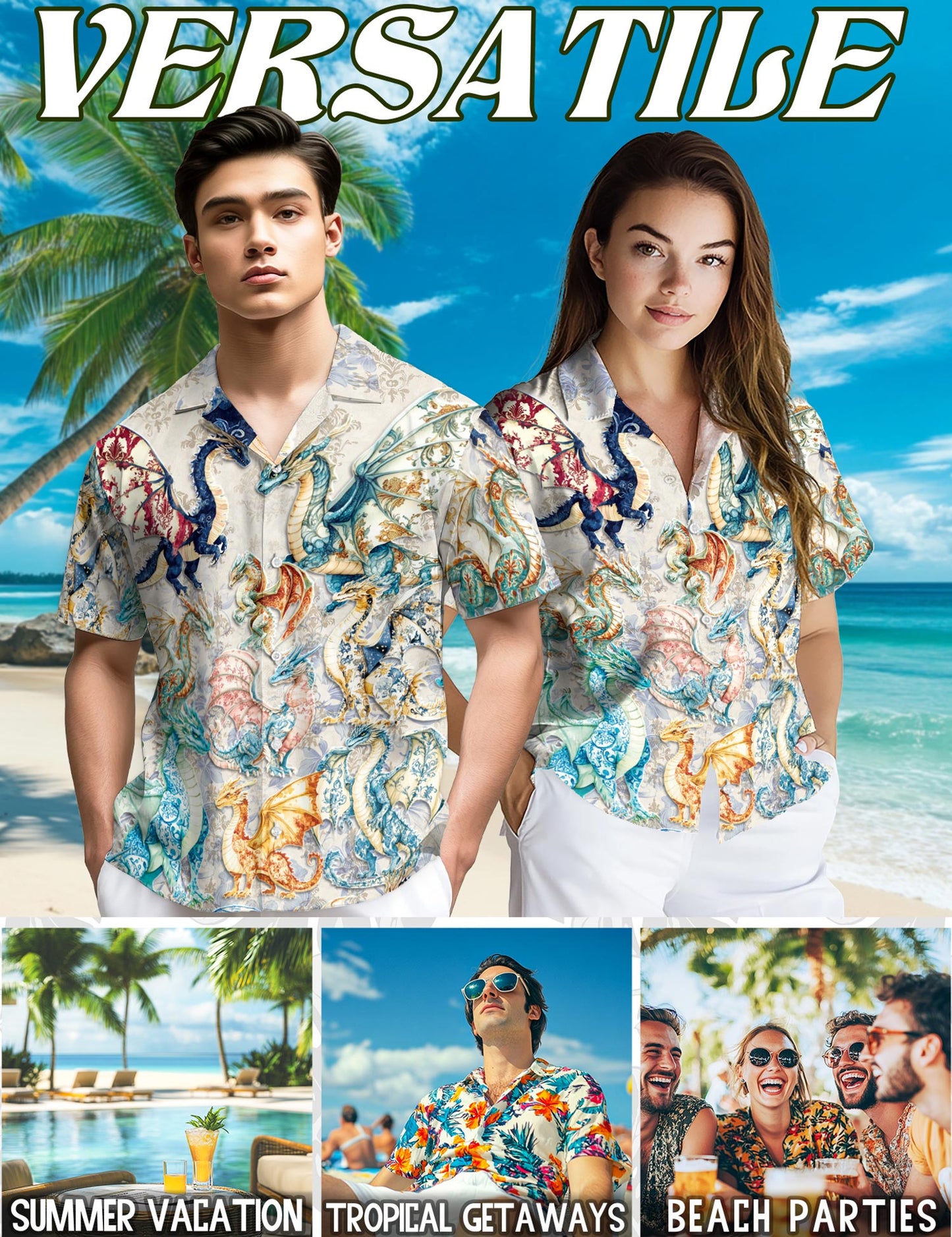 Netecom Vintage Dragon Hawaiian Shirt for Men, Retro Style, Button Down Summer Beach Short Sleeve, S-5XL