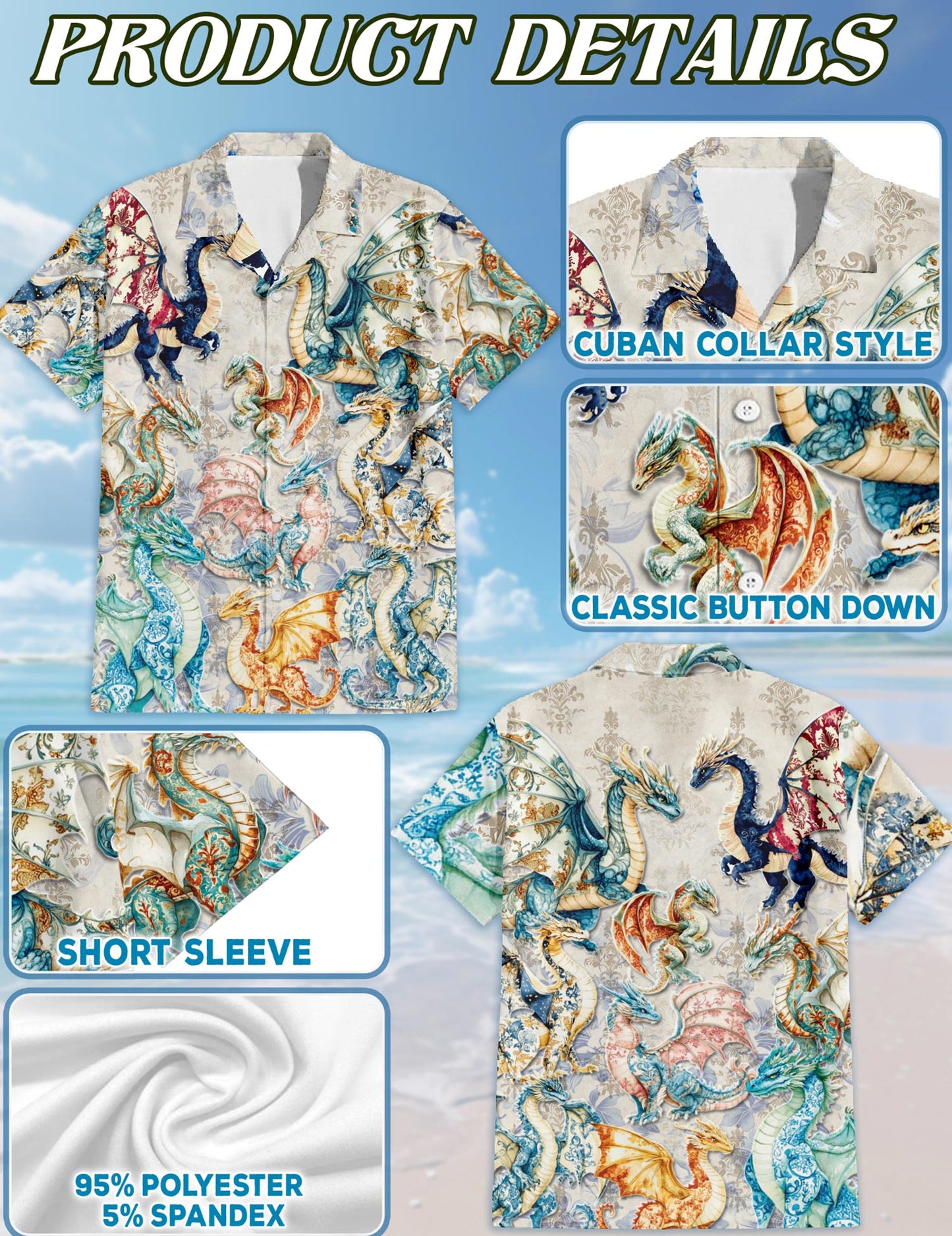 Netecom Vintage Dragon Hawaiian Shirt for Men, Retro Style, Button Down Summer Beach Short Sleeve, S-5XL