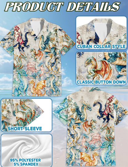 Netecom Vintage Dragon Hawaiian Shirt for Men, Retro Style, Button Down Summer Beach Short Sleeve, S-5XL
