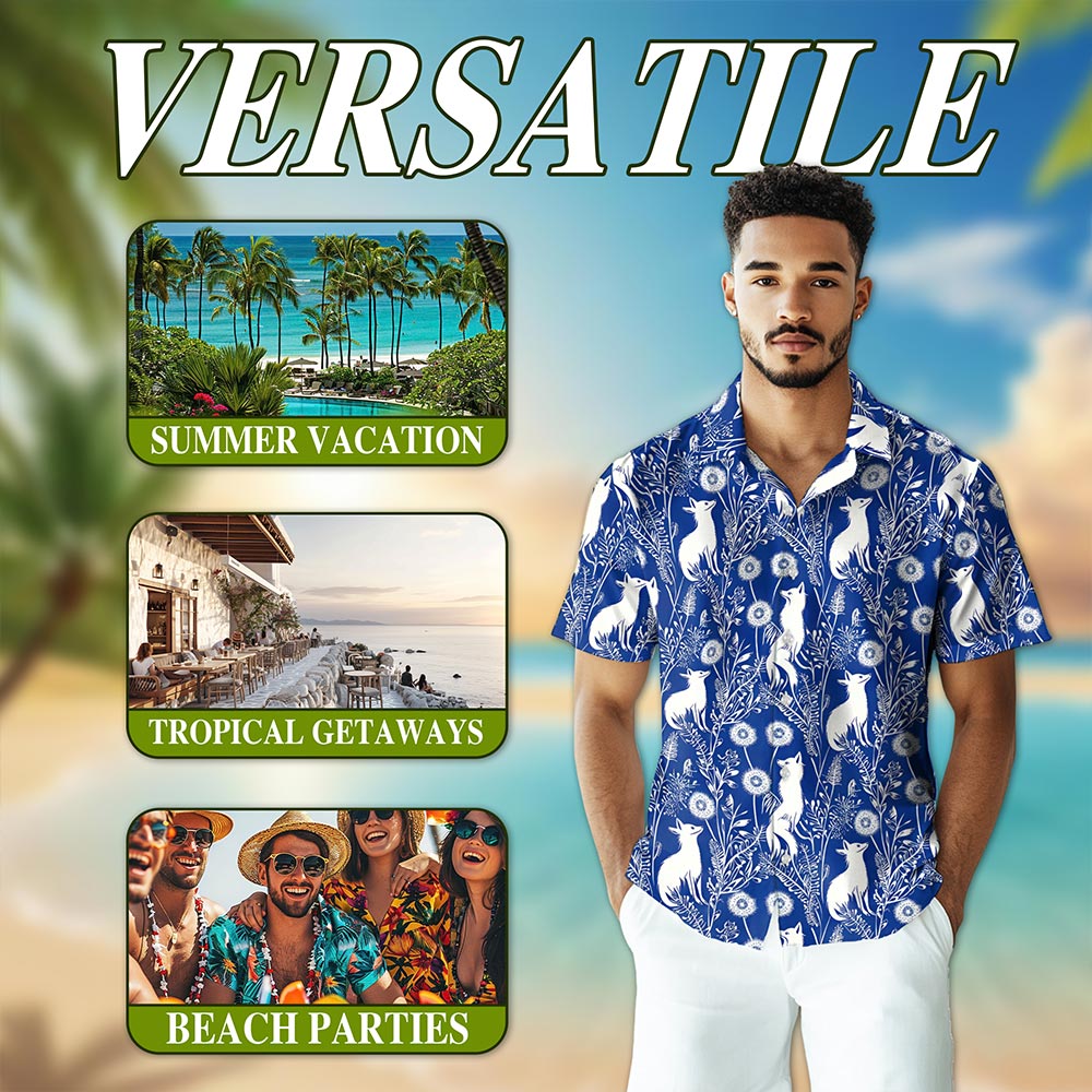 Netecom Vintage Fox Hawaiian Shirt for Men, Retro Style, Button Down Summer Beach Short Sleeve, S-5XL
