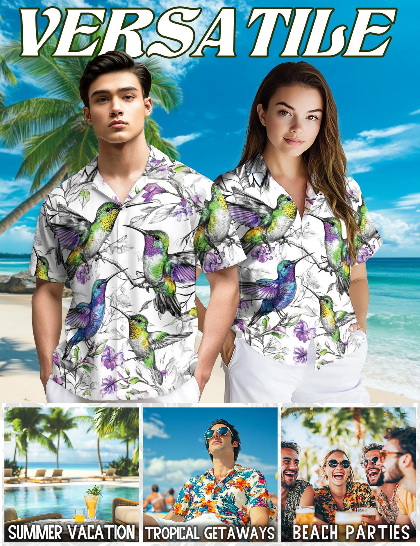 Netecom Vintage Hummingbirds Hawaiian Shirt for Men, Retro Style, Button Down Summer Beach Short Sleeve, S-5XL