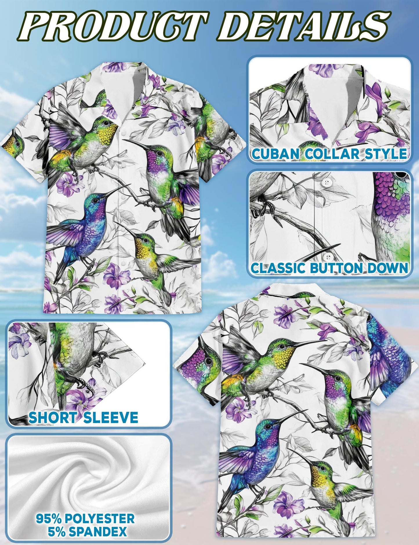 Netecom Vintage Hummingbirds Hawaiian Shirt for Men, Retro Style, Button Down Summer Beach Short Sleeve, S-5XL