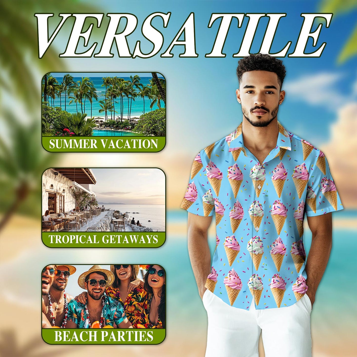 Netecom Vintage Ice Cream Hawaiian Shirt for Men, Button Down Summer Beach Short Sleeve, Retro Style, Sizes S-5XL