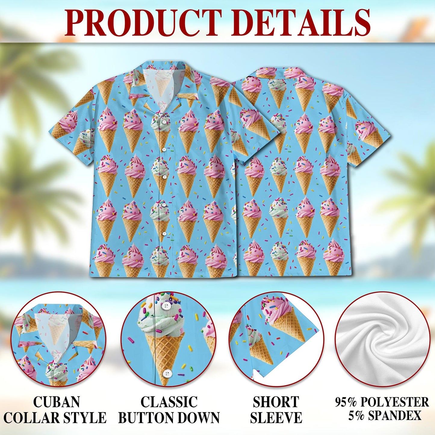Netecom Vintage Ice Cream Hawaiian Shirt for Men, Button Down Summer Beach Short Sleeve, Retro Style, Sizes S-5XL