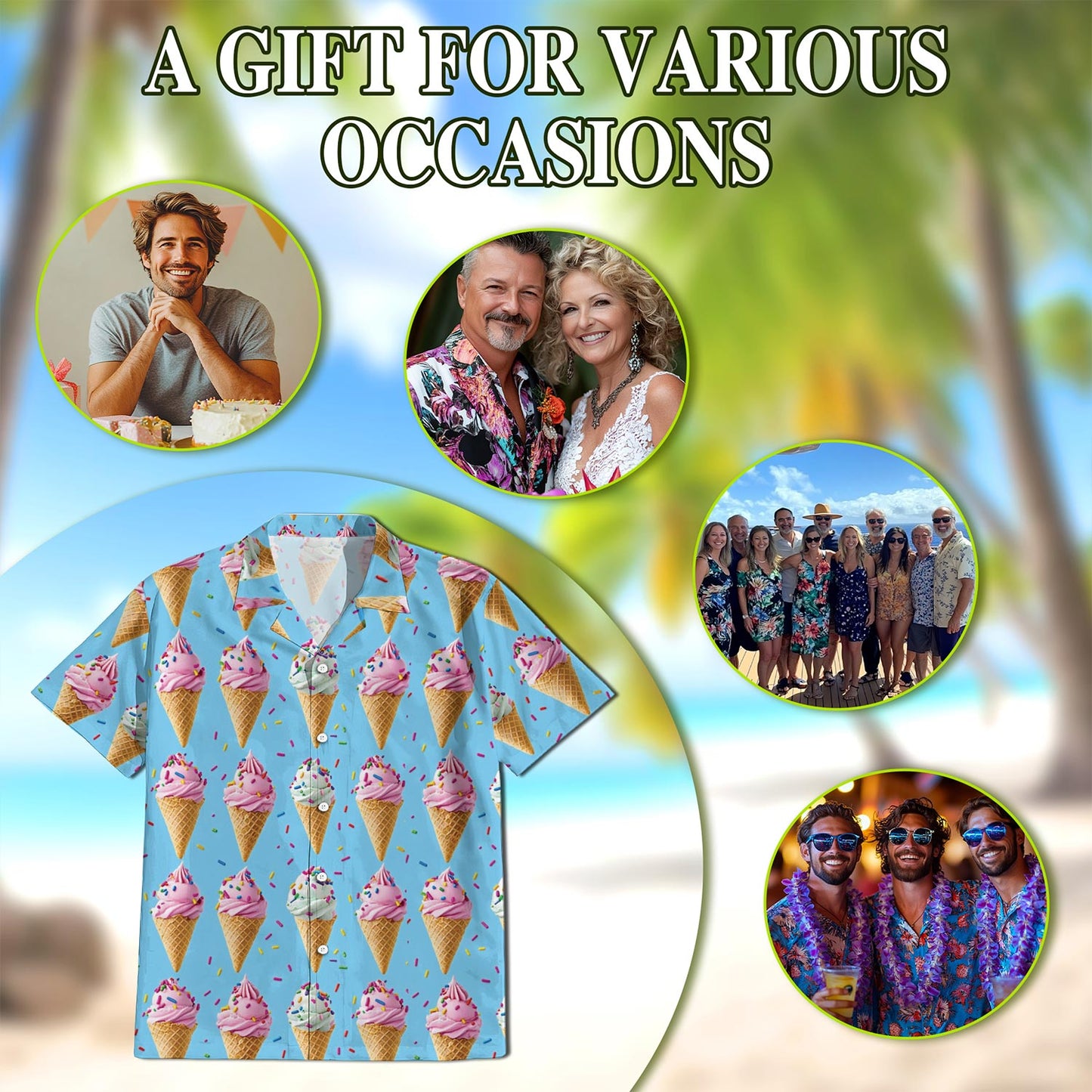 Netecom Vintage Ice Cream Hawaiian Shirt for Men, Button Down Summer Beach Short Sleeve, Retro Style, Sizes S-5XL