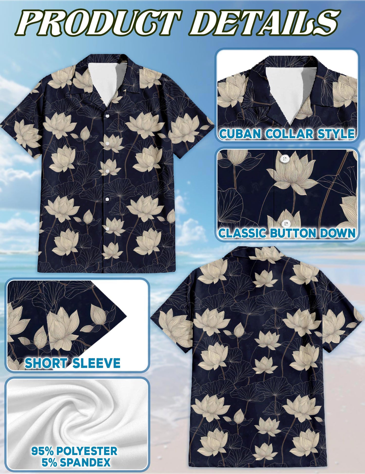 Netecom Vintage Lotus Hawaiian Shirt for Men, Flower Lover Gifts, Tropical Summer Beach Button Down Short Sleeve Shirts, S-5XL