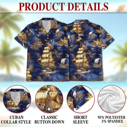 Netecom Vintage Pirate Ship Hawaiian Shirt for Men, Sailor Gift, Nautical Boat Captain Button Down Summer Beach Shirt, S-5XL
