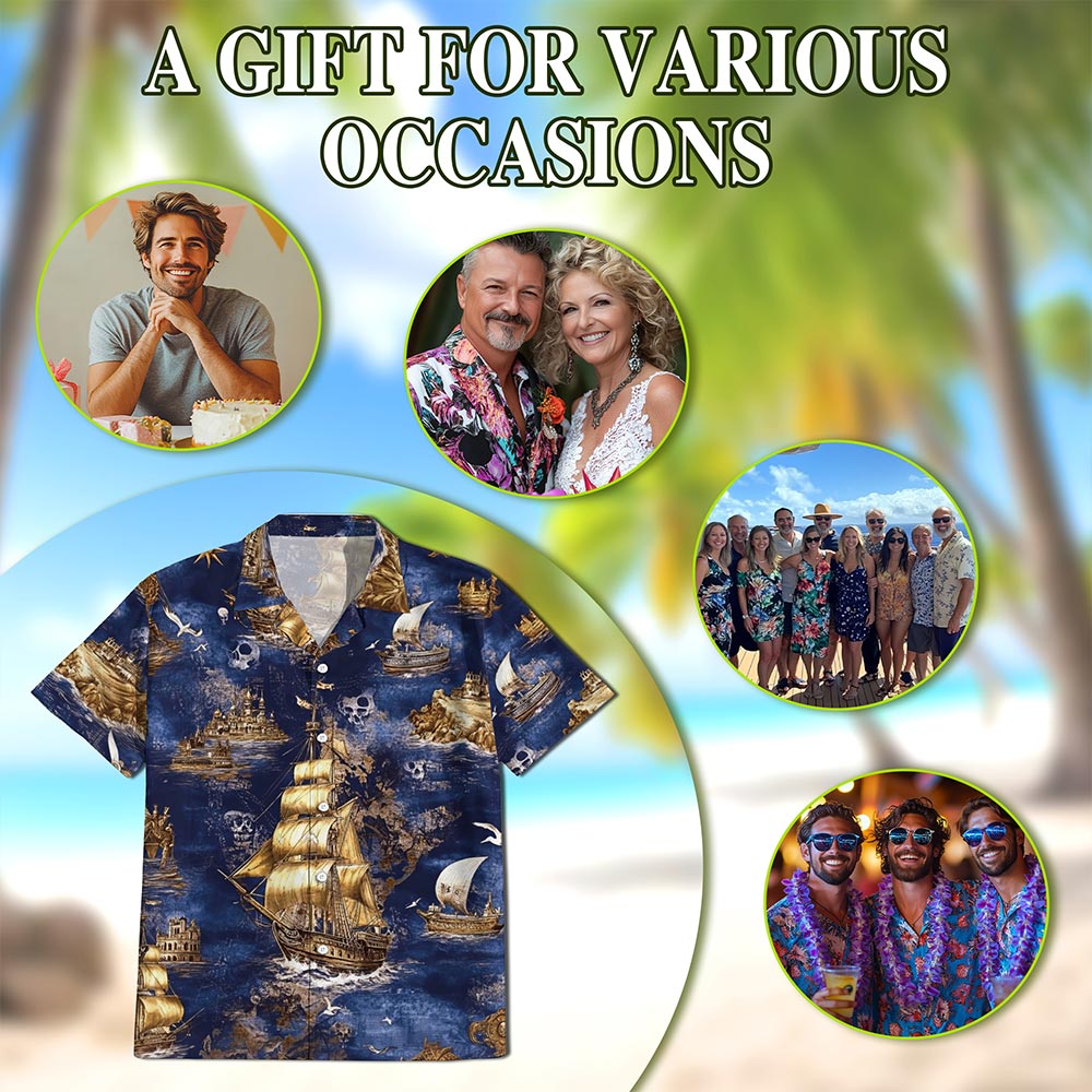 Netecom Vintage Pirate Ship Hawaiian Shirt for Men, Sailor Gift, Nautical Boat Captain Button Down Summer Beach Shirt, S-5XL