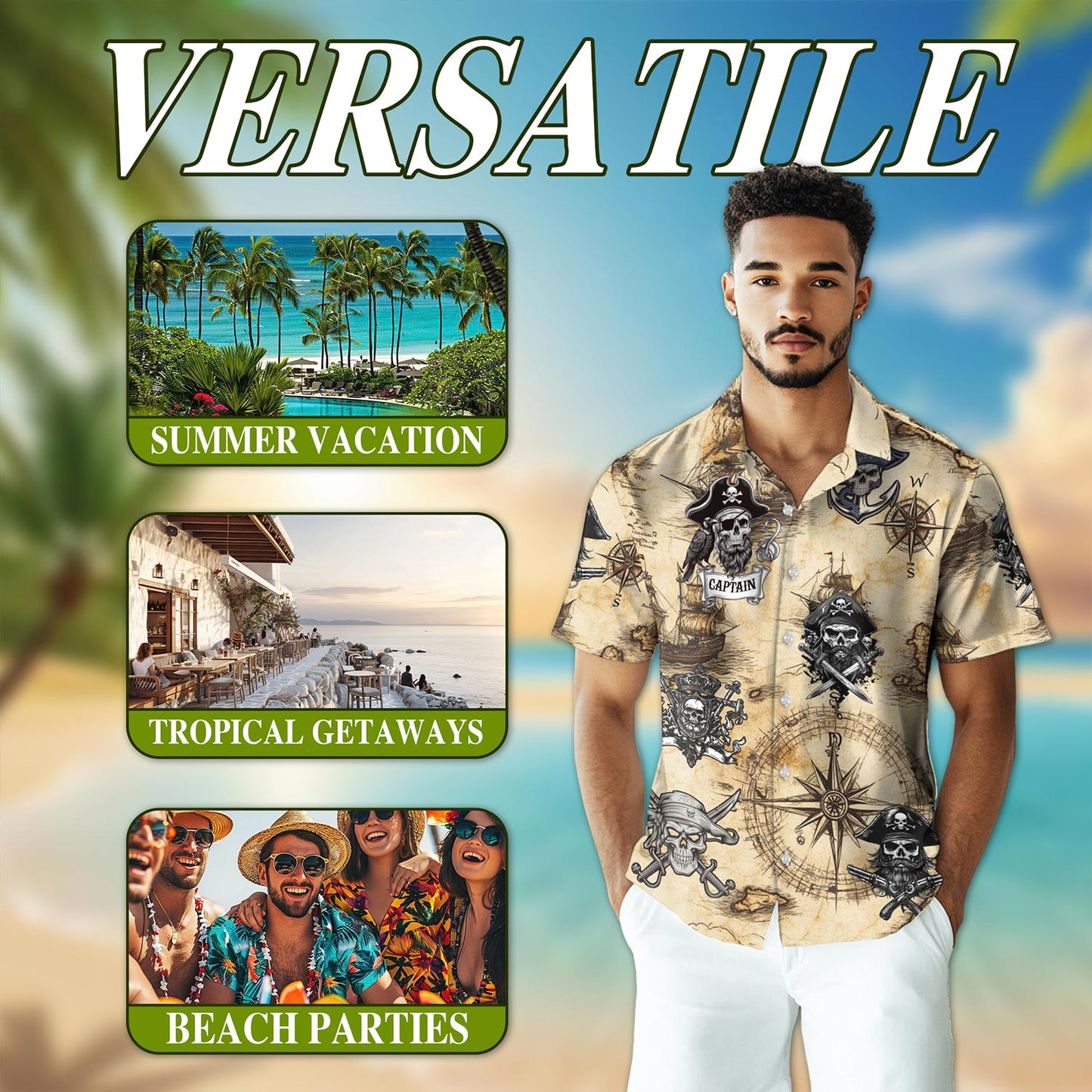 Netecom Vintage Pirate Skull Hawaiian Shirt for Men, Button Down Summer Beach Short Sleeve, Retro Style, Sizes S-5XL