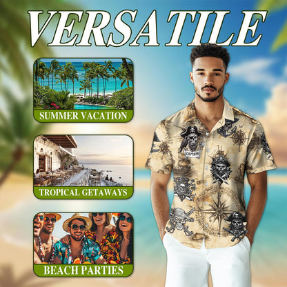 Netecom Vintage Pirate Skull Hawaiian Shirt for Men, Button Down Summer Beach Short Sleeve, Retro Style, Sizes S-5XL