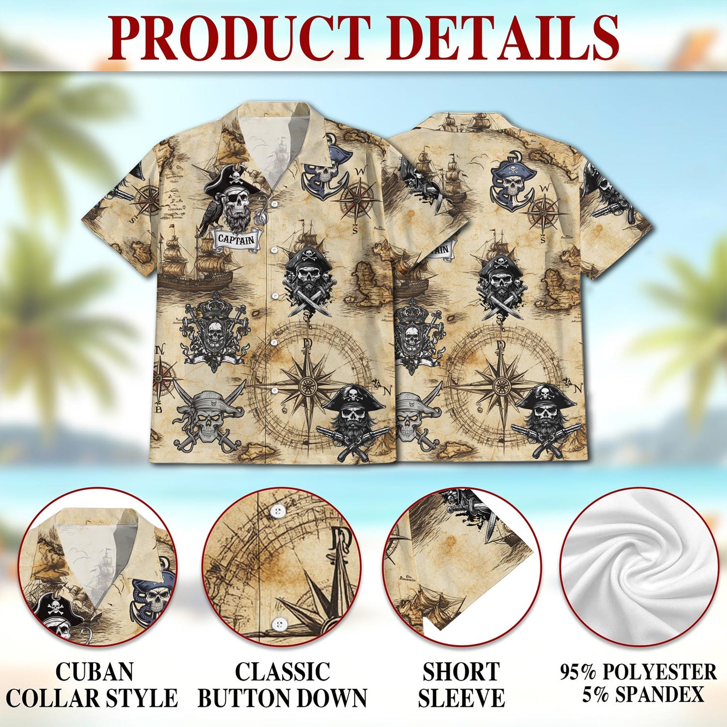 Netecom Vintage Pirate Skull Hawaiian Shirt for Men, Button Down Summer Beach Short Sleeve, Retro Style, Sizes S-5XL