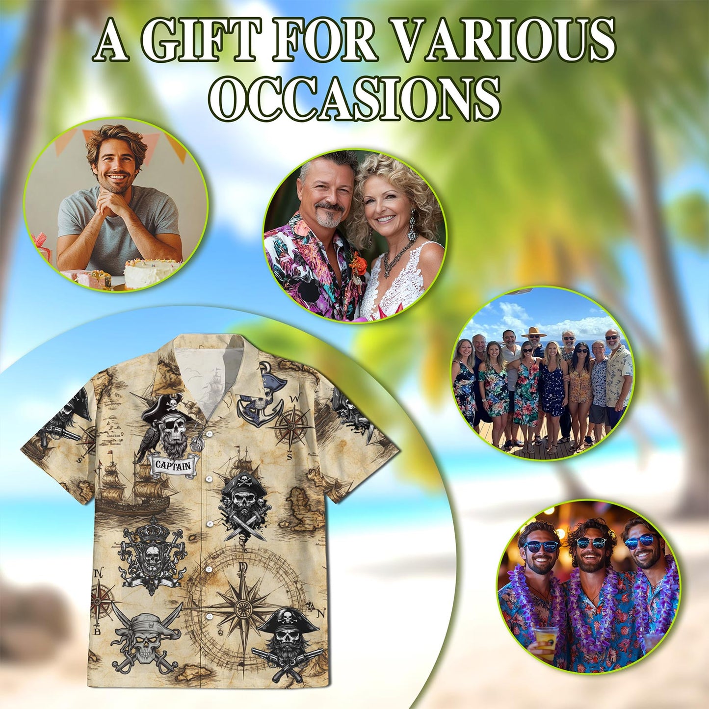 Netecom Vintage Pirate Skull Hawaiian Shirt for Men, Button Down Summer Beach Short Sleeve, Retro Style, Sizes S-5XL