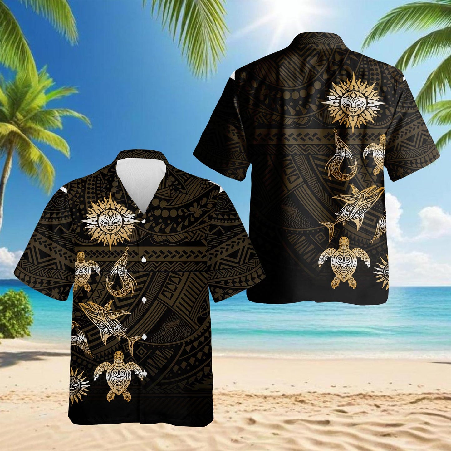 Netecom Vintage Polynesian Tribal Hawaiian Shirt for Men, Ocean Sea Turtle Button Down Summer Beach Short Sleeve, S-5XL