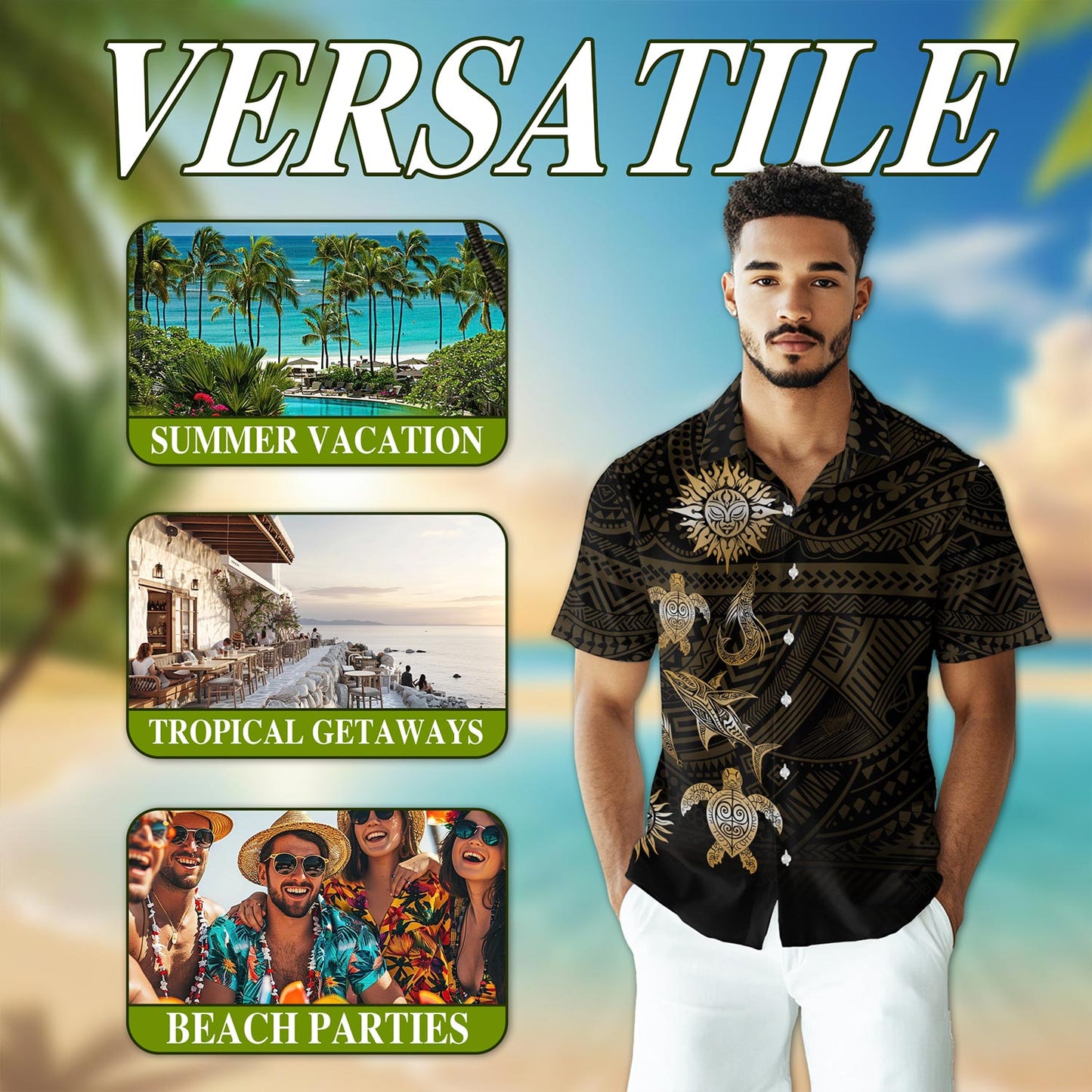 Netecom Vintage Polynesian Tribal Hawaiian Shirt for Men, Ocean Sea Turtle Button Down Summer Beach Short Sleeve, S-5XL