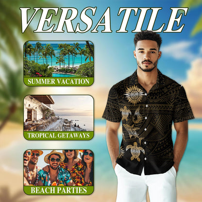 Netecom Vintage Polynesian Tribal Hawaiian Shirt for Men, Ocean Sea Turtle Button Down Summer Beach Short Sleeve, S-5XL