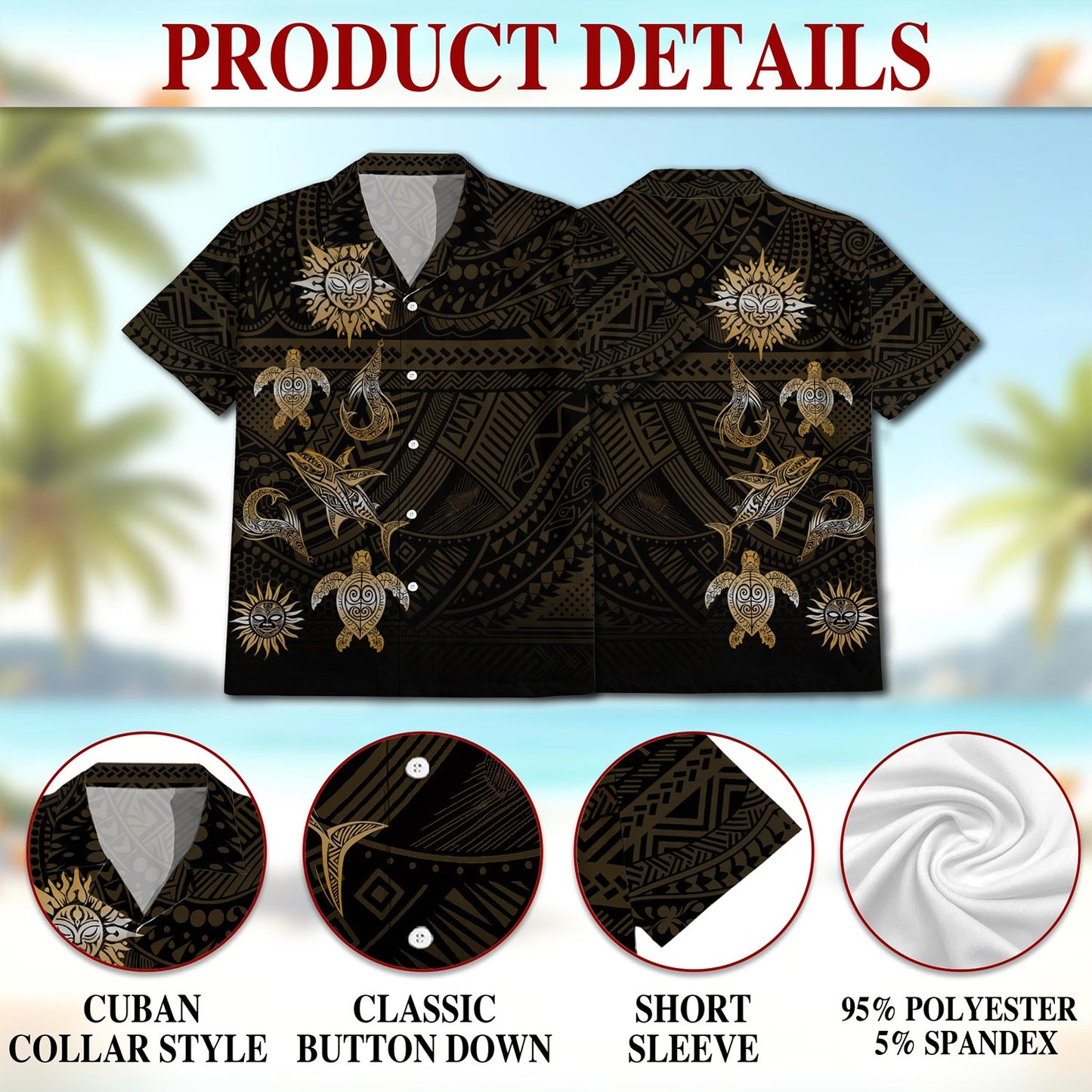 Netecom Vintage Polynesian Tribal Hawaiian Shirt for Men, Ocean Sea Turtle Button Down Summer Beach Short Sleeve, S-5XL