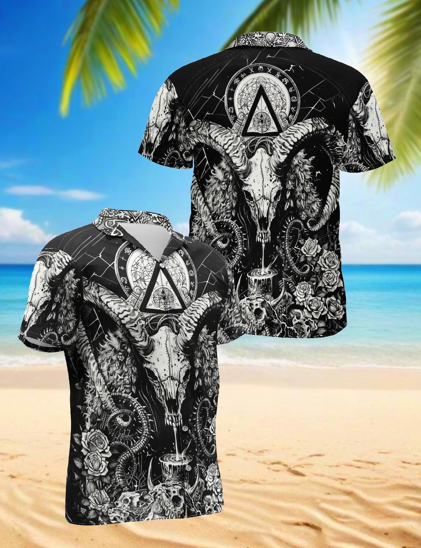 Vintage Satanic Pagan Demon Aloha Shirt for Men – Occult Beach Summer Button Down Short Sleeve Top