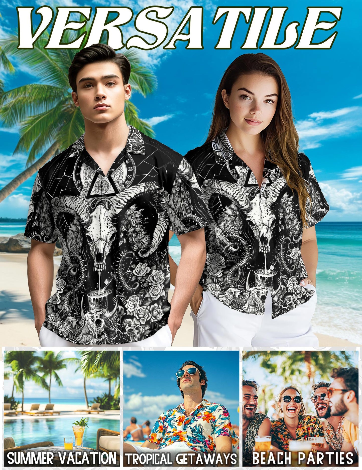 Vintage Satanic Pagan Demon Aloha Shirt for Men – Occult Beach Summer Button Down Short Sleeve Top