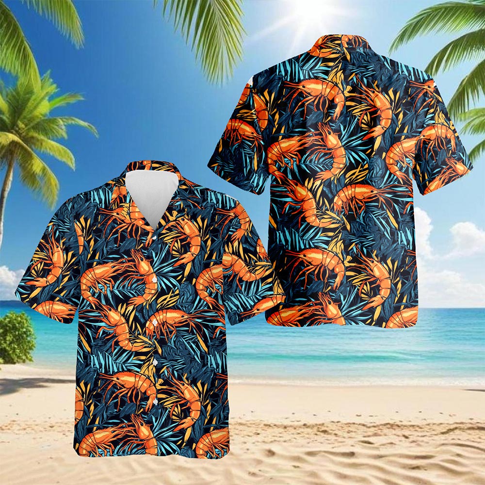 Netecom Vintage Shrimp Seafood Hawaiian Shirt for Men, Seafood Lover Gifts, Button Down Summer Beach Short Sleeve, S-5XL