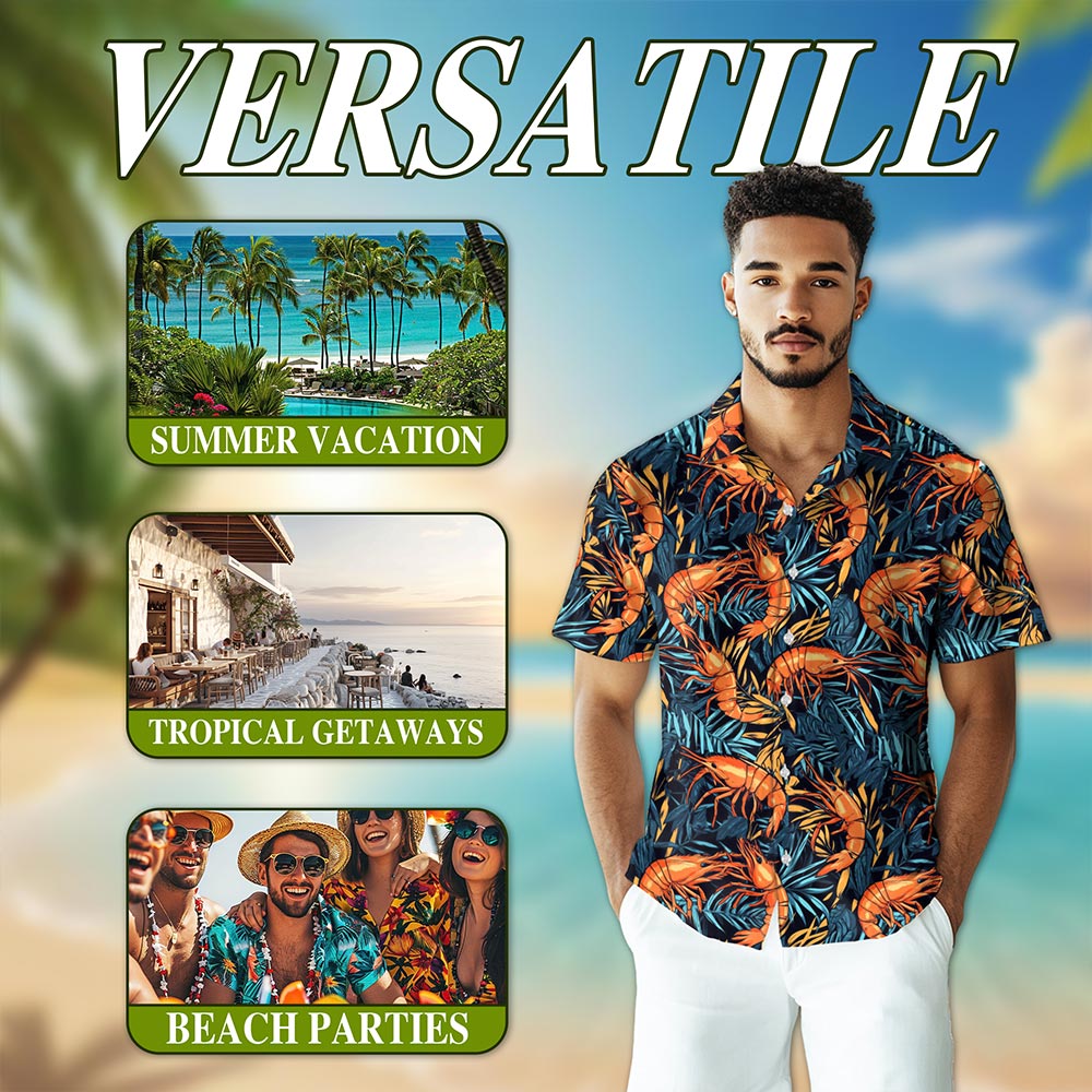 Netecom Vintage Shrimp Seafood Hawaiian Shirt for Men, Seafood Lover Gifts, Button Down Summer Beach Short Sleeve, S-5XL