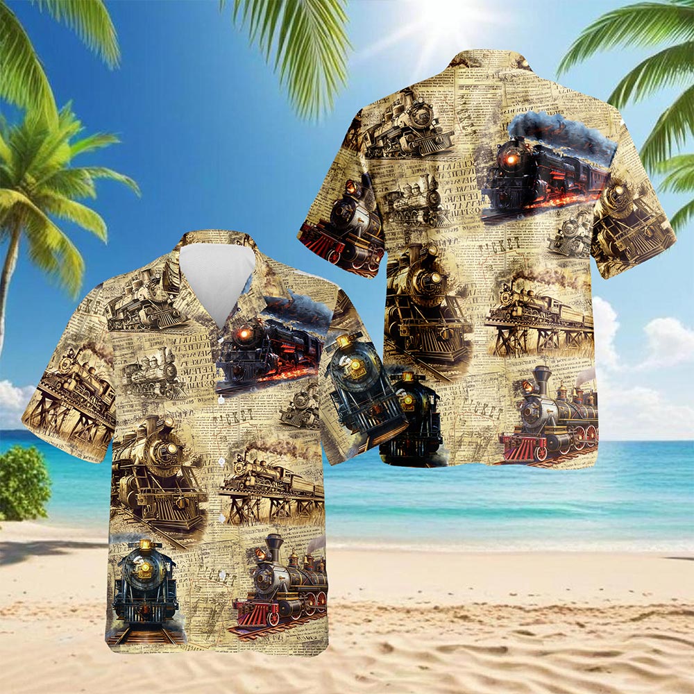Netecom Vintage Train Hawaiian Shirt for Men Women, Station Railway Button Down Summer Aloha Beach Short Sleeve Shirts, S-5XL