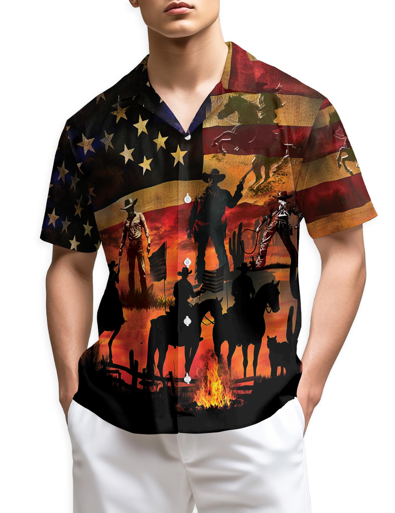 Netecom Vintage Western Cowboy Sunset Hawaiian Shirt for Men