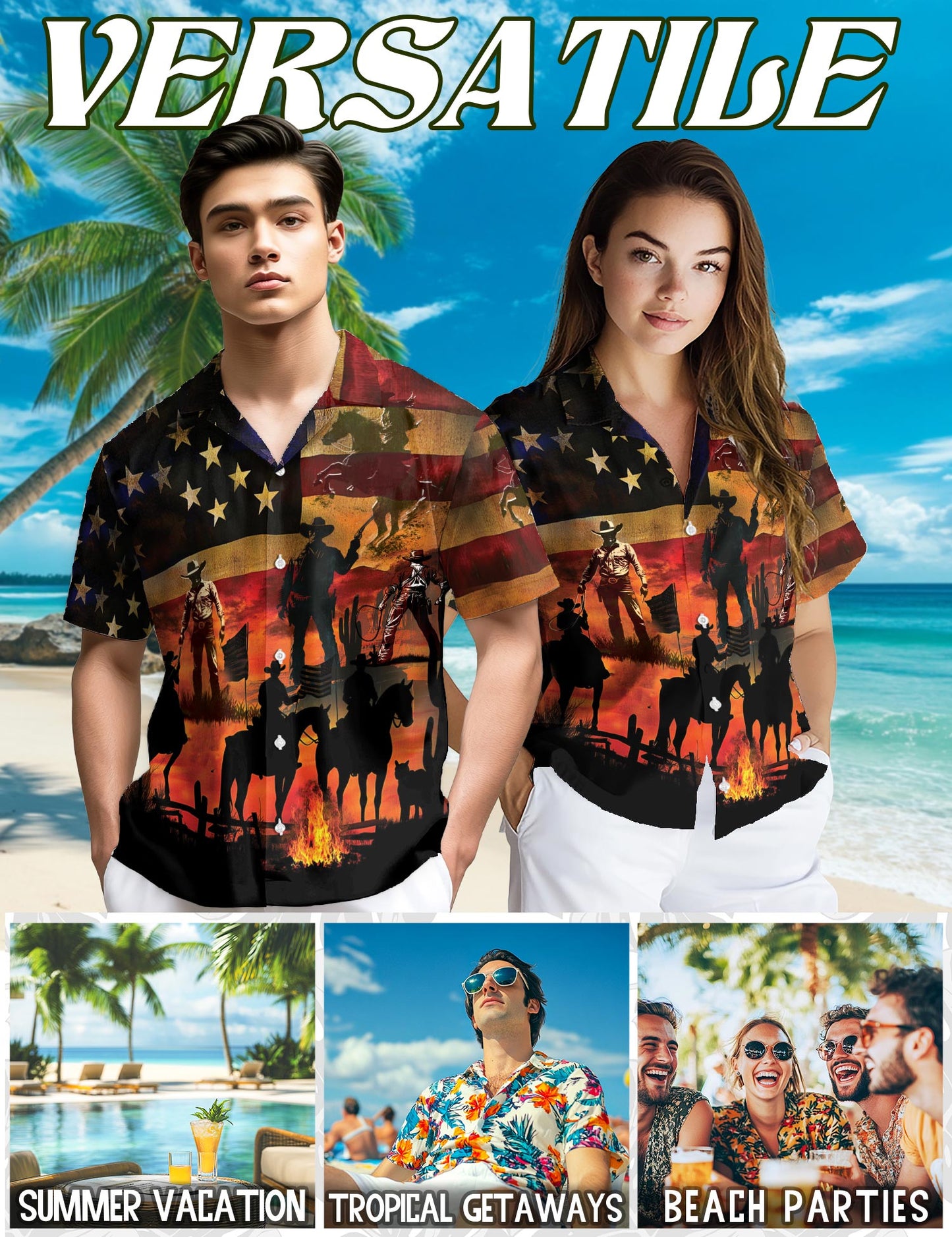 Netecom Vintage Western Cowboy Sunset Hawaiian Shirt for Men, Wild Horses Button Down Summer Beach Short Sleeve, Sizes S-5XL