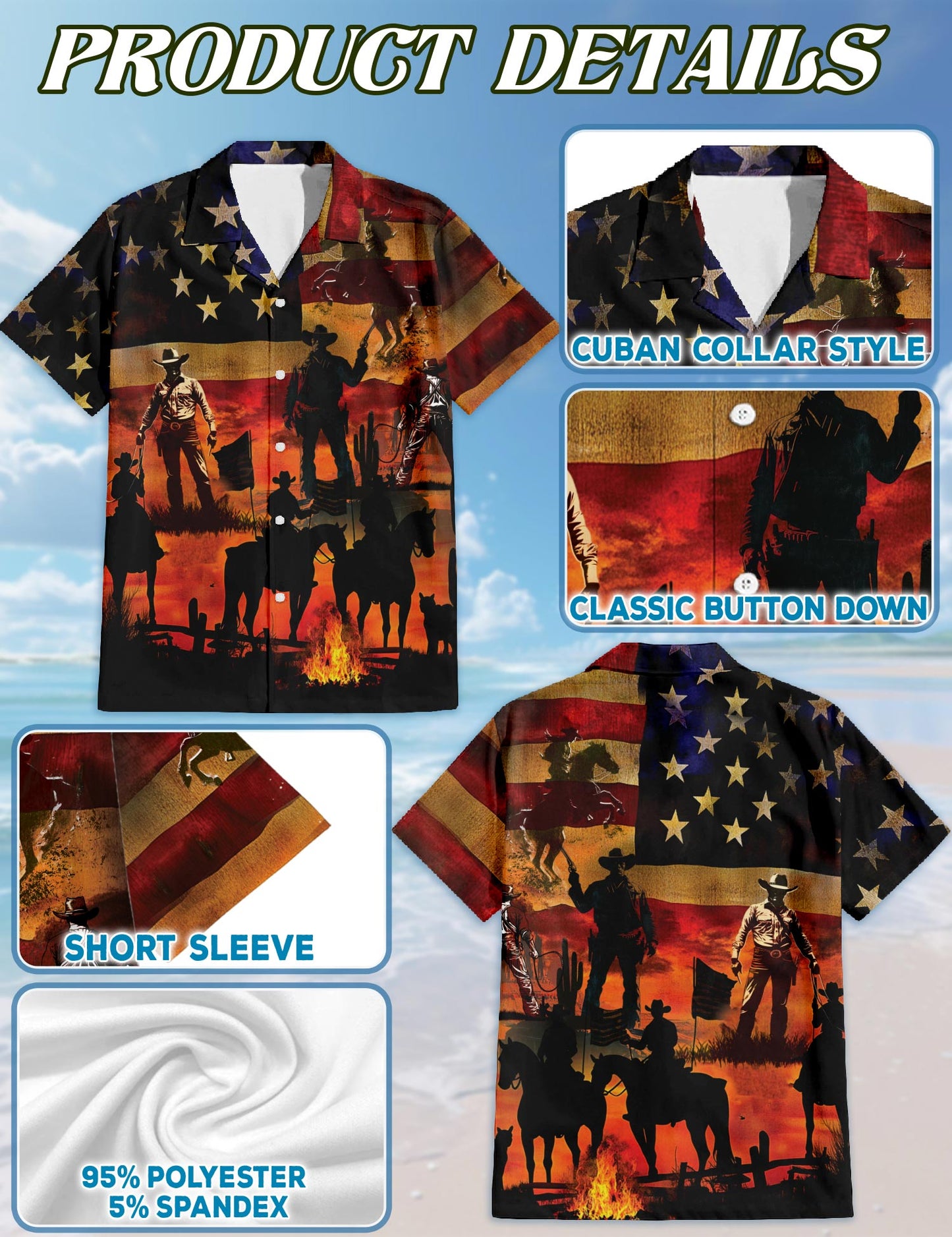 Netecom Vintage Western Cowboy Sunset Hawaiian Shirt for Men, Wild Horses Button Down Summer Beach Short Sleeve, Sizes S-5XL