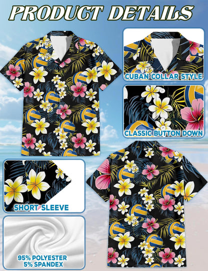 Netecom Volleyball Flower Hawaiian Shirt for Men, Tropical Style, Button Down Summer Beach Short Sleeve, Sizes S-5XL