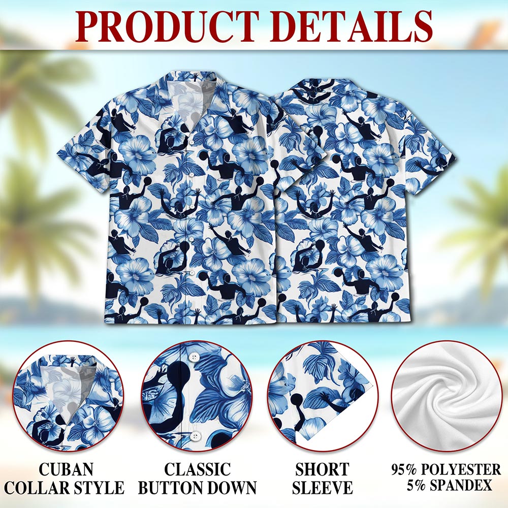 Netecom Water Polo Hawaiian Shirt for Men, Tropical Hibiscus Button Down Summer Beach Short Sleeve, Size S-5XL