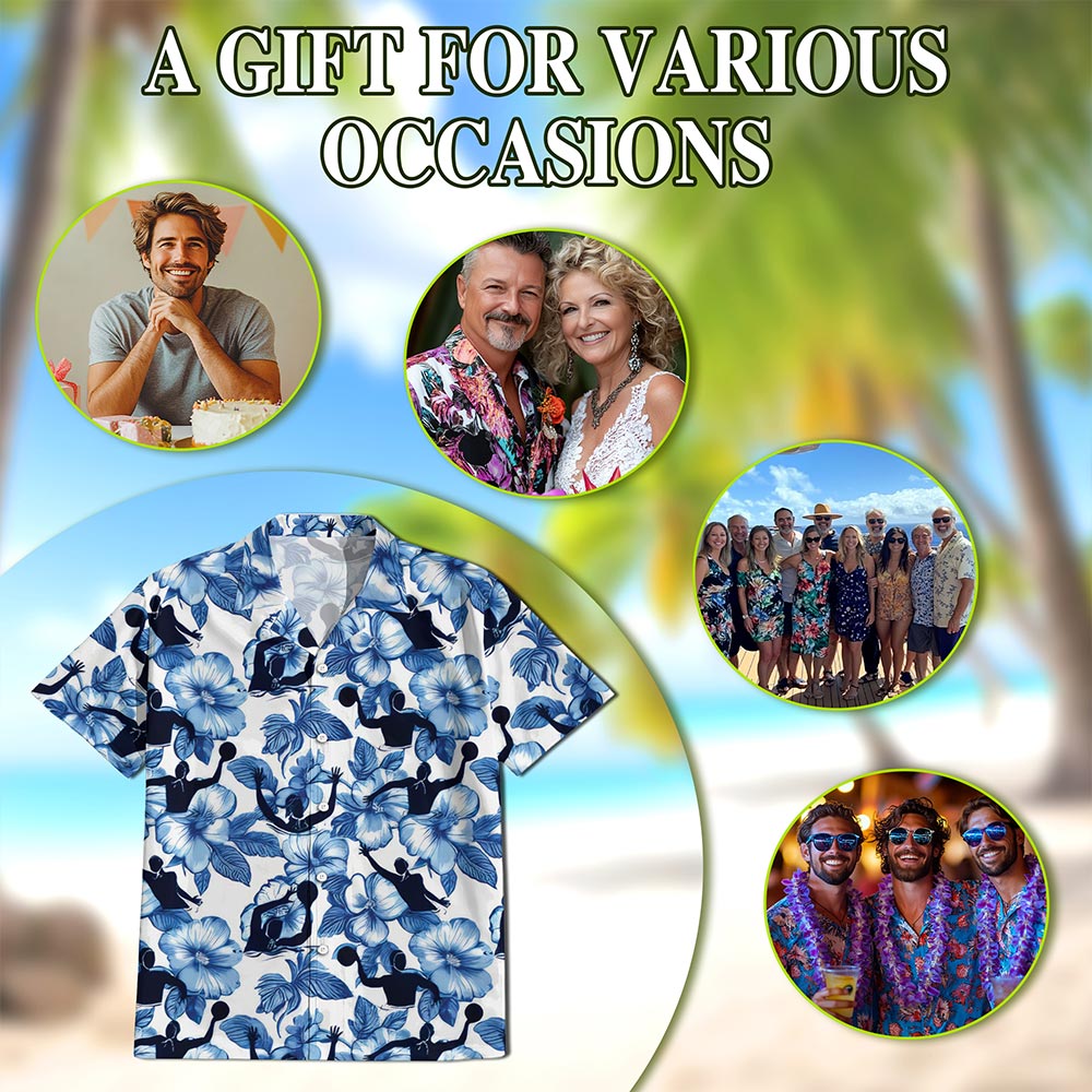 Netecom Water Polo Hawaiian Shirt for Men, Tropical Hibiscus Button Down Summer Beach Short Sleeve, Size S-5XL