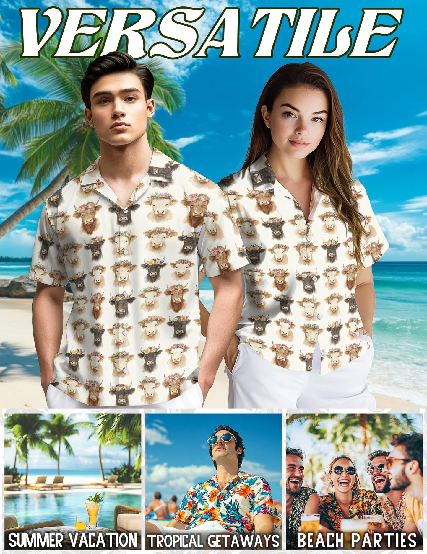 Netecom Watercolor Highland Cows Hawaiian Shirt for Men, Cow Lover Gifts, Button Down Summer Beach Short Sleeve, S-5XL