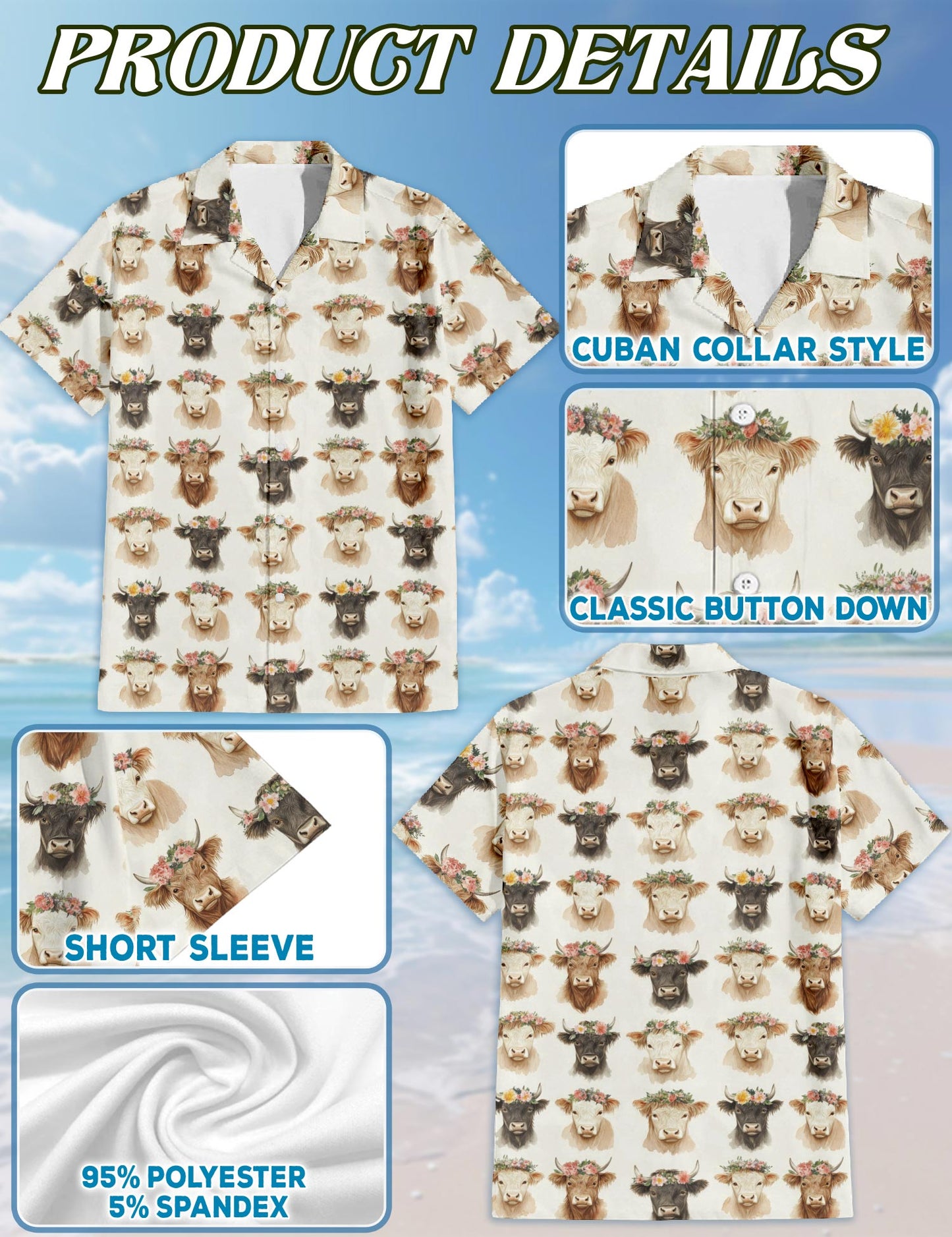 Netecom Watercolor Highland Cows Hawaiian Shirt for Men, Cow Lover Gifts, Button Down Summer Beach Short Sleeve, S-5XL
