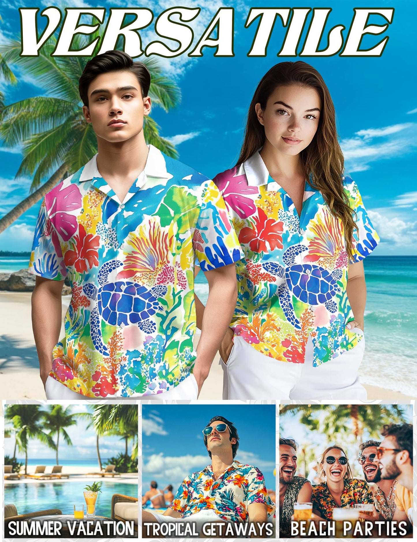 Netecom Watercolor Ocean Hawaiian Shirt for Men, Colorful Style, Button Down Summer Beach Short Sleeve, S-5XL