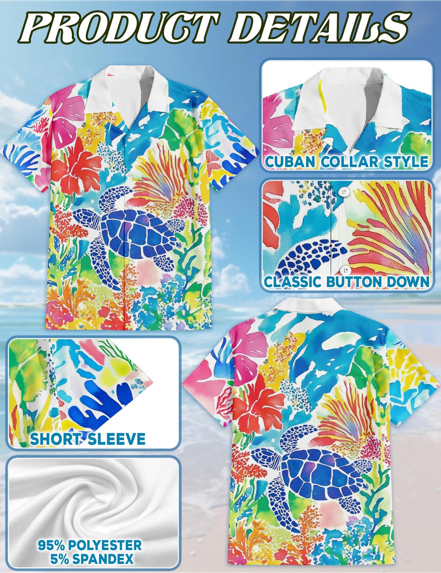 Netecom Watercolor Ocean Hawaiian Shirt for Men, Colorful Style, Button Down Summer Beach Short Sleeve, S-5XL