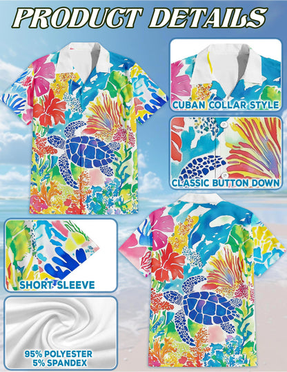 Netecom Watercolor Ocean Hawaiian Shirt for Men, Colorful Style, Button Down Summer Beach Short Sleeve, S-5XL